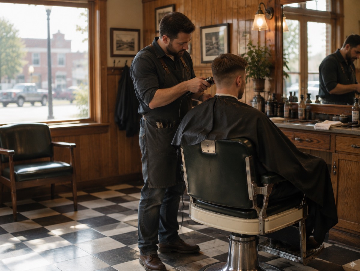 A barber clipping a seated customer's hair in a sunlit shop with a chequered tile floor and a vintage chair.
